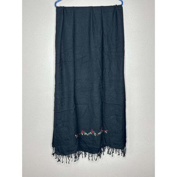 ADRIENNE Designer Wool‎ Blend Scarf 27X74 Long Vintage Fringe Embroidered beaded